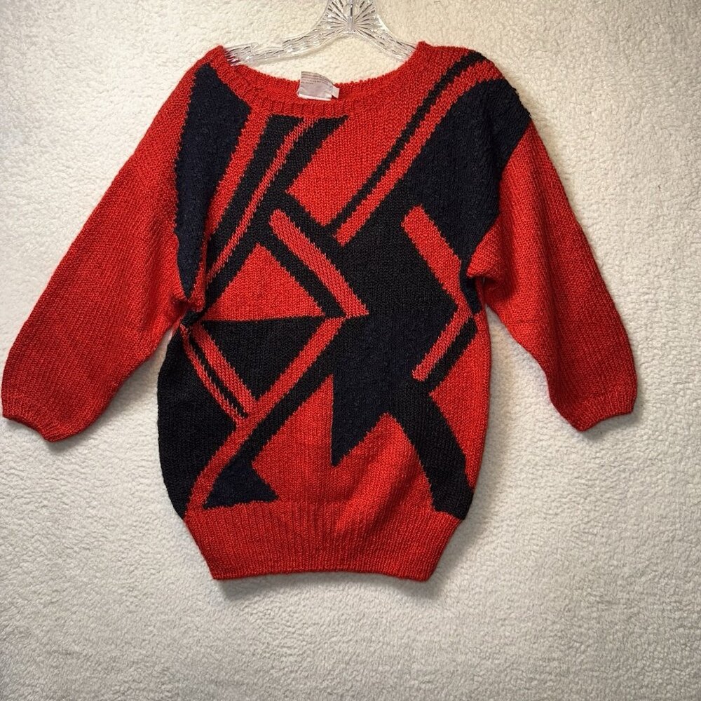 Vintage 80's Abstract Geometric Sweater Women's Medium Red Black Retro Artsy‎